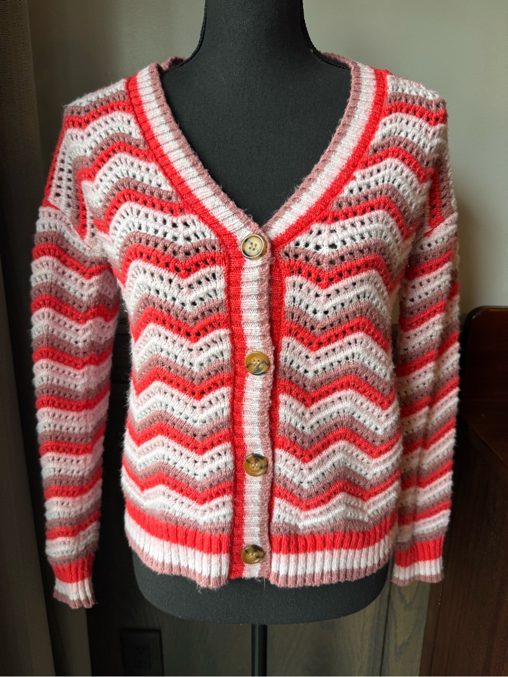 Maurice’s Women’s Pink & Coral Striped V-Neck Button Cardigan Sweater XS
